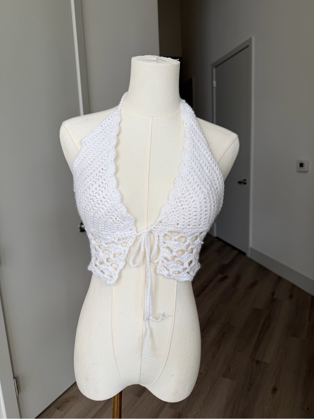 White Crochet Halter Tie-Front Crop Top